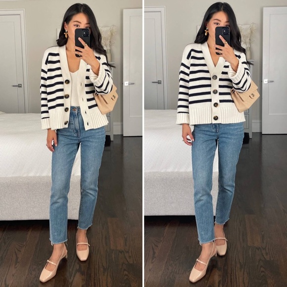 SEZANE BLOGGER Classic Navy Ecru Striped Wilson Cardigan Preppy Knit Sweater XXS - Picture 5 of 17